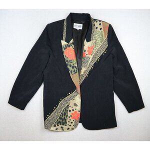 VINTATGE WOMEN'S BLACK MULTI-PRINT BLAZER JACKET - CITY GIRL - SIZE PM